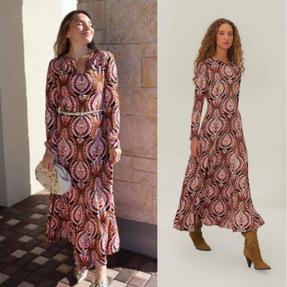 NEW Farm Rio Long Sleeve Pineapple Jewelry Midi Dress Zip Front Brown Size Small